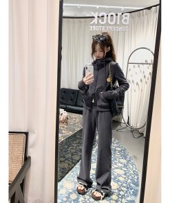 Women's Gray Casual Sports Suit - Hooded Sweatshirt & Pants Two-Piece Set for Autumn/Winter, Cozy & Stylish Activewear