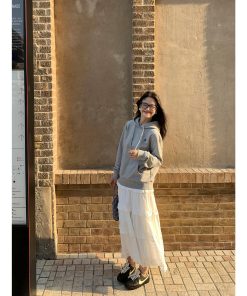 Women's Gray Fleece-Lined Shoulder Hoodie, Loose Fit Korean Style Jacket for Autumn and Winter