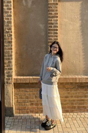 Women's Gray Fleece-Lined Shoulder Hoodie, Loose Fit Korean Style Jacket for Autumn and Winter