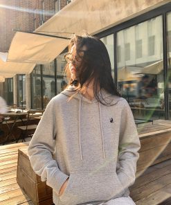 Women's Gray Fleece-Lined Shoulder Hoodie, Loose Fit Korean Style Jacket for Autumn and Winter