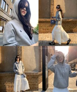 Women's Gray Fleece-Lined Shoulder Hoodie, Loose Fit Korean Style Jacket for Autumn and Winter