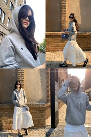 Women's Gray Fleece-Lined Shoulder Hoodie, Loose Fit Korean Style Jacket for Autumn and Winter
