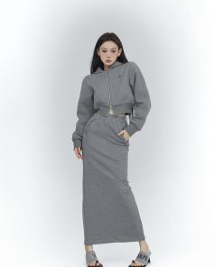 Women's Gray High Waist Midi Sweatshirt Dress - Minimalist Spring Style, Slim Fit, Sporty Look, Perfect for Casual Outfits