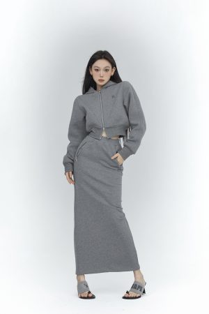Women's Gray High Waist Midi Sweatshirt Dress - Minimalist Spring Style, Slim Fit, Sporty Look, Perfect for Casual Outfits