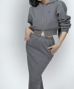 Women's Gray High Waist Midi Sweatshirt Dress - Minimalist Spring Style, Slim Fit, Sporty Look, Perfect for Casual Outfits