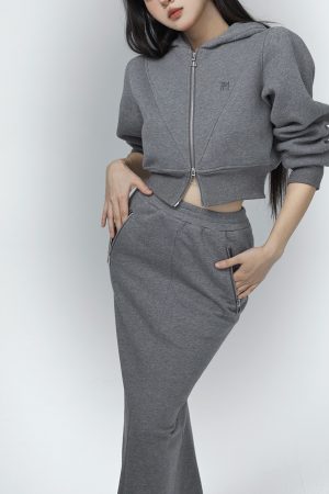 Women's Gray High Waist Midi Sweatshirt Dress - Minimalist Spring Style, Slim Fit, Sporty Look, Perfect for Casual Outfits