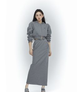 Women's Gray High Waist Midi Sweatshirt Dress - Minimalist Spring Style, Slim Fit, Sporty Look, Perfect for Casual Outfits