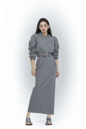 Women's Gray High Waist Midi Sweatshirt Dress - Minimalist Spring Style, Slim Fit, Sporty Look, Perfect for Casual Outfits