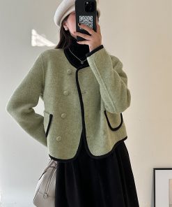 Women's Green Wool Double-Sided Short Coat - Autumn Winter Tea Style Petite Fragrant Wind Jacket