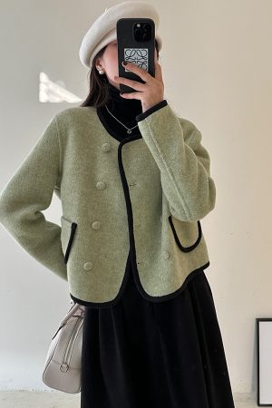 Women's Green Wool Double-Sided Short Coat - Autumn Winter Tea Style Petite Fragrant Wind Jacket