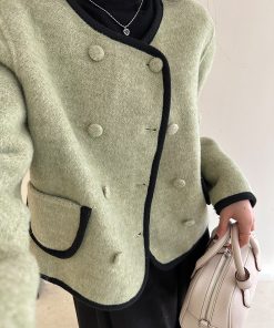 Women's Green Wool Double-Sided Short Coat - Autumn Winter Tea Style Petite Fragrant Wind Jacket