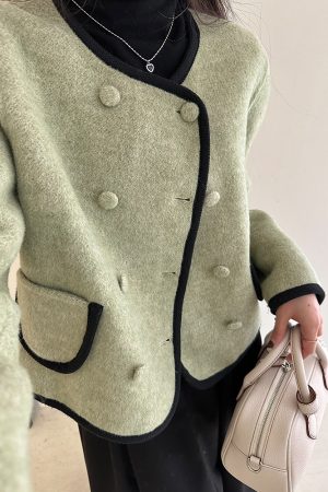 Women's Green Wool Double-Sided Short Coat - Autumn Winter Tea Style Petite Fragrant Wind Jacket