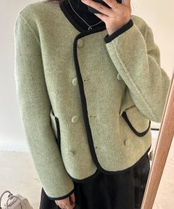 Women's Green Wool Double-Sided Short Coat - Autumn Winter Tea Style Petite Fragrant Wind Jacket