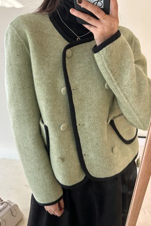 Women's Green Wool Double-Sided Short Coat - Autumn Winter Tea Style Petite Fragrant Wind Jacket