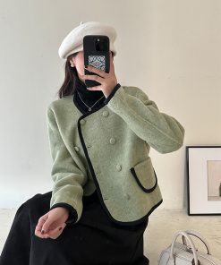 Women's Green Wool Double-Sided Short Coat - Autumn Winter Tea Style Petite Fragrant Wind Jacket