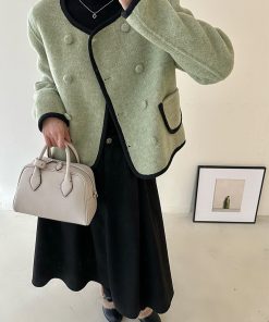 Women's Green Wool Double-Sided Short Coat - Autumn Winter Tea Style Petite Fragrant Wind Jacket