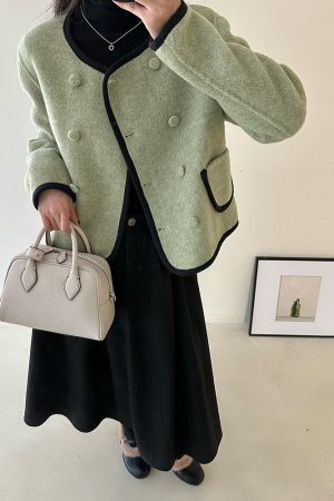 Women's Green Wool Double-Sided Short Coat - Autumn Winter Tea Style Petite Fragrant Wind Jacket