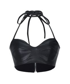 Women's Halter Neck Leather Bodysuit Tank Top - Slimming Fitted Camisole - Sexy Y2K Style Short Top