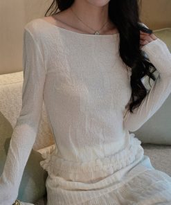 Women's Heavy Wool Knitted Shirt - Slim Fit Elegant Base Top in Feather Yarn Satin - Spring 2025 Fashion