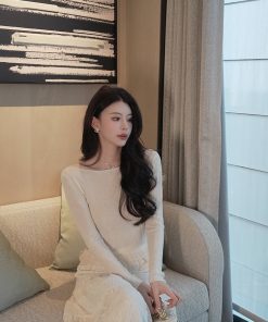 Women's Heavy Wool Knitted Shirt - Slim Fit Elegant Base Top in Feather Yarn Satin - Spring 2025 Fashion