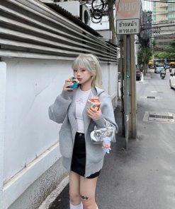 Women's Heavyweight Gray Pumpkin Hoodie - Casual Loose Fit with Double Zipper - Stylish Air Layer Sweatshirt Jacket