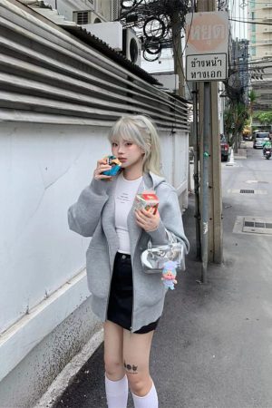 Women's Heavyweight Gray Pumpkin Hoodie - Casual Loose Fit with Double Zipper - Stylish Air Layer Sweatshirt Jacket