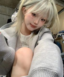 Women's Heavyweight Gray Pumpkin Hoodie - Casual Loose Fit with Double Zipper - Stylish Air Layer Sweatshirt Jacket