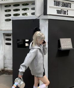 Women's Heavyweight Gray Pumpkin Hoodie - Casual Loose Fit with Double Zipper - Stylish Air Layer Sweatshirt Jacket