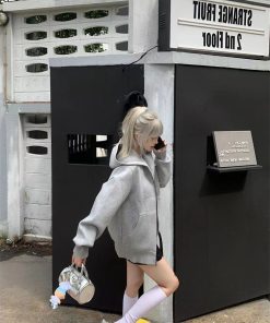 Women's Heavyweight Gray Pumpkin Hoodie - Casual Loose Fit with Double Zipper - Stylish Air Layer Sweatshirt Jacket