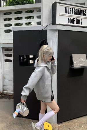 Women's Heavyweight Gray Pumpkin Hoodie - Casual Loose Fit with Double Zipper - Stylish Air Layer Sweatshirt Jacket