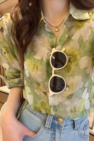 Women's High-End Floral Chiffon Shirt - Stylish Summer Top, Light Luxury Design, Youthful Vibes, Perfect for 2025 Fashion Trends