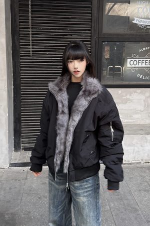 Women's High-Quality Flight Jacket with Fur Collar, Thick American Style Cotton Coat, Trendy Stand Collar for Winter Fashion
