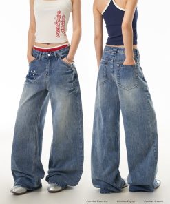 Women's High Street Lightning Pattern Studded Jeans - Loose Straight Leg Washable Wide Leg Pants for a Trendy Y2K Look