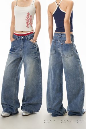 Women's High Street Lightning Pattern Studded Jeans - Loose Straight Leg Washable Wide Leg Pants for a Trendy Y2K Look