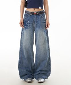 Women's High Street Lightning Pattern Studded Jeans - Loose Straight Leg Washable Wide Leg Pants for a Trendy Y2K Look