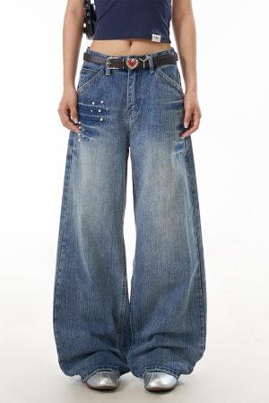 Women's High Street Lightning Pattern Studded Jeans - Loose Straight Leg Washable Wide Leg Pants for a Trendy Y2K Look