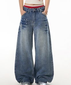 Women's High Street Lightning Pattern Studded Jeans - Loose Straight Leg Washable Wide Leg Pants for a Trendy Y2K Look