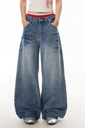 Women's High Street Lightning Pattern Studded Jeans - Loose Straight Leg Washable Wide Leg Pants for a Trendy Y2K Look