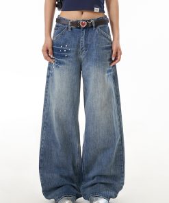 Women's High Street Lightning Pattern Studded Jeans - Loose Straight Leg Washable Wide Leg Pants for a Trendy Y2K Look