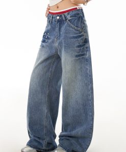 Women's High Street Lightning Pattern Studded Jeans - Loose Straight Leg Washable Wide Leg Pants for a Trendy Y2K Look