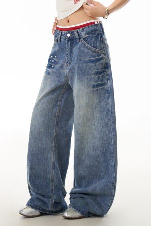 Women's High Street Lightning Pattern Studded Jeans - Loose Straight Leg Washable Wide Leg Pants for a Trendy Y2K Look