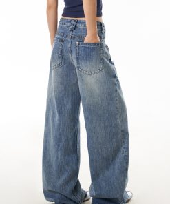 Women's High Street Lightning Pattern Studded Jeans - Loose Straight Leg Washable Wide Leg Pants for a Trendy Y2K Look