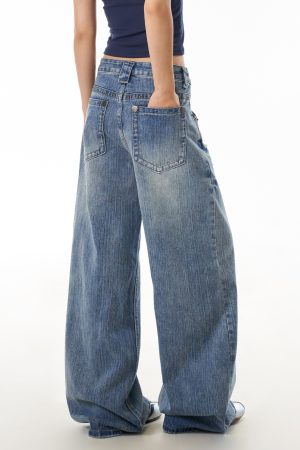 Women's High Street Lightning Pattern Studded Jeans - Loose Straight Leg Washable Wide Leg Pants for a Trendy Y2K Look