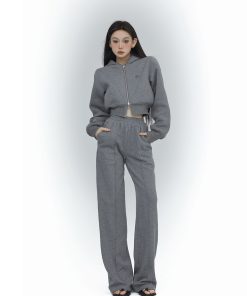 Women's High Waist Gray Sweatpants - Casual Minimalist Straight Leg Sports Pants - Slim Fit Versatile Long Pants for Spring Fashion