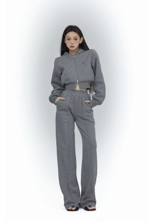 Women's High Waist Gray Sweatpants - Casual Minimalist Straight Leg Sports Pants - Slim Fit Versatile Long Pants for Spring Fashion
