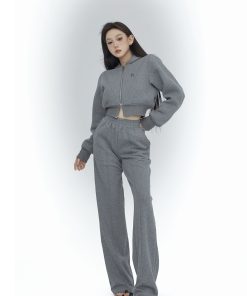 Women's High Waist Gray Sweatpants - Casual Minimalist Straight Leg Sports Pants - Slim Fit Versatile Long Pants for Spring Fashion