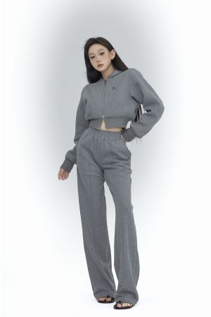 Women's High Waist Gray Sweatpants - Casual Minimalist Straight Leg Sports Pants - Slim Fit Versatile Long Pants for Spring Fashion