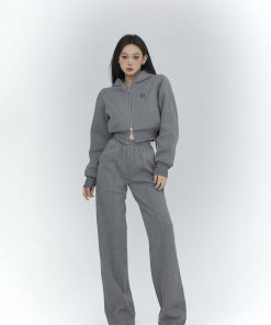 Women's High Waist Gray Sweatpants - Casual Minimalist Straight Leg Sports Pants - Slim Fit Versatile Long Pants for Spring Fashion