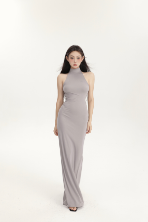 Women's High Waist Long Dress with Back Split, Sleeveless High Neck, Solid Color â€“ Perfect for Spring Summer Style