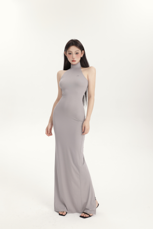 Women's High Waist Long Dress with Back Split, Sleeveless High Neck, Solid Color â€“ Perfect for Spring Summer Style